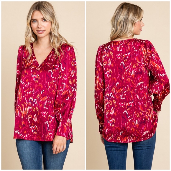 JODIFL Tops - JODIFL Long Sleeves V-Neck Abstract Print Blouse